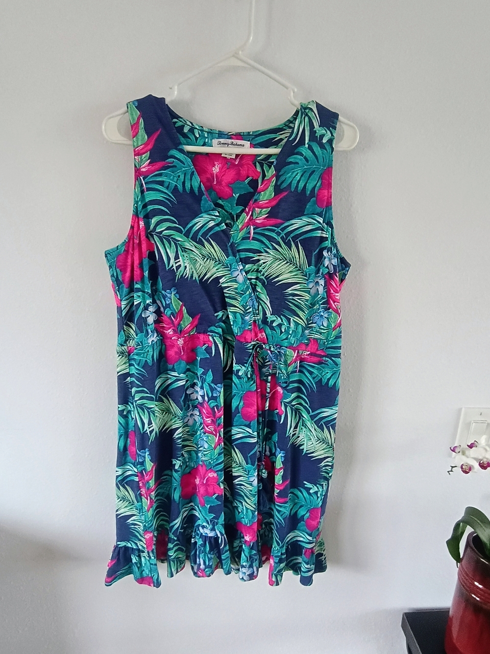 Tommy Bahama Tropical Hibiscus Palm Print Tassel Waist Resort Dress L Cruise 🌺 - Picture 1 of 9